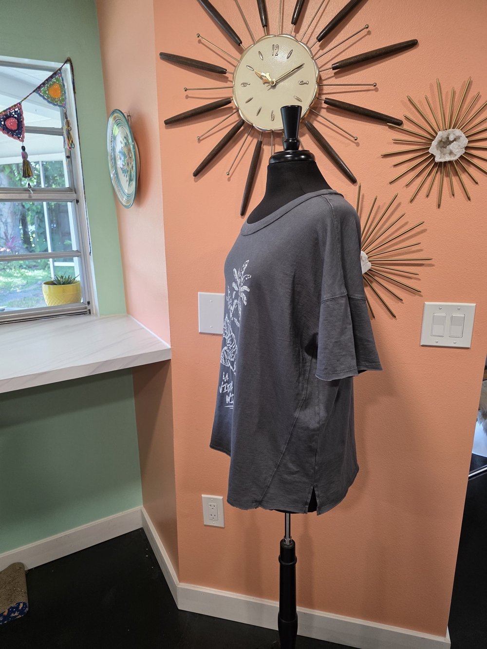 aerie NWT Charcoal Gray Graphic Short Sleeve Tee Boyfriend Boxy T White Tiger - Picture 8 of 14